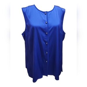 Saint John Royal Blue Sleeveless Silk Button Down Blouse With Bead Buttons XL